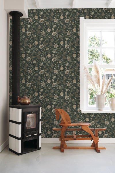 ESTAhome Tapete Blumenmuster Schwarz und Grün - 53 cm x 10.05 m - 139417