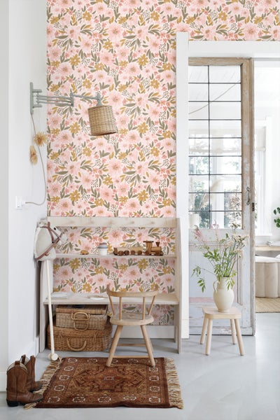 ESTAhome Tapete Blumen Hellrosa, Ockergelb und Graugrün - 50 x 900 cm - 130923