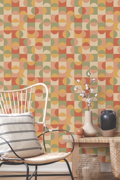ESTAhome Tapete Kreise im Bauhaus-Stil Terrakotta, Gelb, Grün und Beige - 50 x 900 cm - 130941