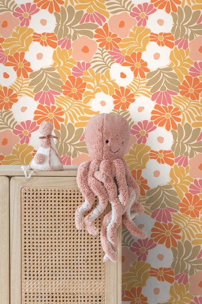 ESTAhome Tapete Blumen im Matisse-Stil Orange und Gelb - 50 x 900 cm - 131005