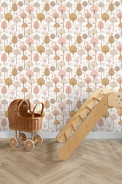 ESTAhome Tapete bewaldete Landschaft Rosa, Braun und Weiß - 50 x 900 cm - 139799