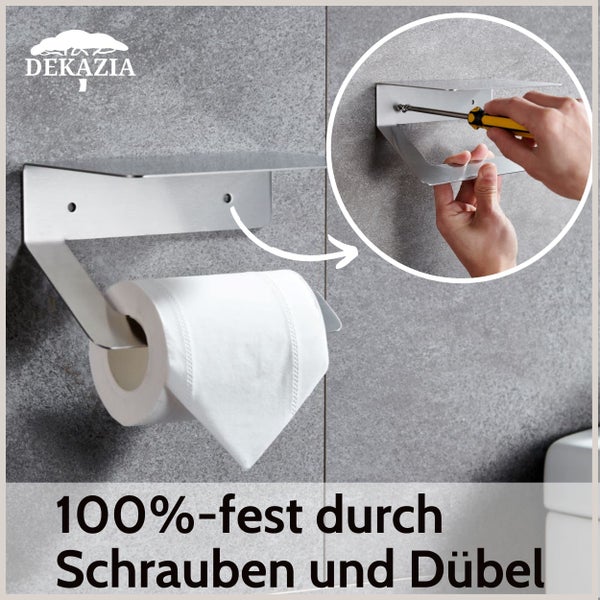 Wandmontierter Toilettenpapierhalter mit Ablage aus Edelstahl von Dekazia, sichere Montage mit Schrauben und Dübeln. Dekazia Logo.