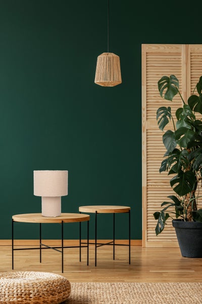 Wohnzimmer mit Tischlampe, Beistelltischen, Hängelampe, Zimmerpflanze und Jalousie