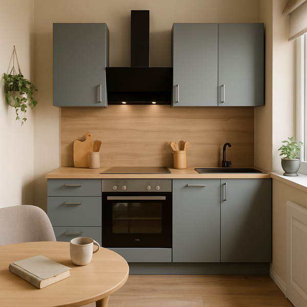 Kompakte Küche mit grauen Schränken, schwarzen Armaturen und Holzelementen.