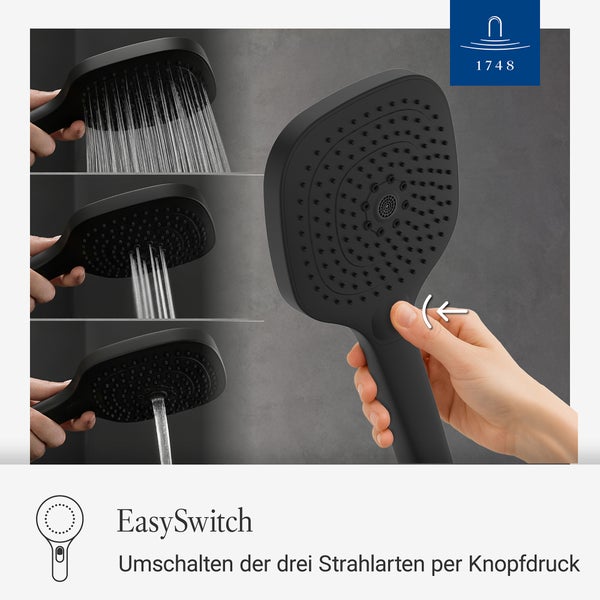 Vier Bilder zeigen eine Handbrause mit drei Strahlarten, die per Knopfdruck umgeschaltet werden.