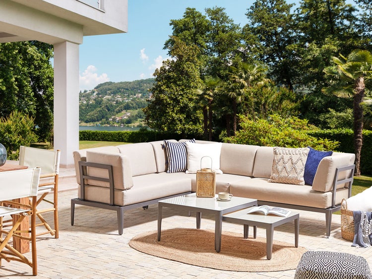 Garten Ecksofa mit Tisch 6-Sitzer RIMA III linksseitig modular Metall Beige
