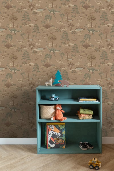 Illustration einer Dinosaurier Tapete mit Urzeit Pflanzen