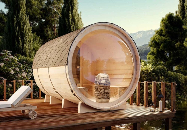 FinnTherm Sauna-Komplettset Fasssauna Panorama Fasssauna 2 Sitzbänke aus Holz, Sauna mit 42 mm Wandstärke Außensauna, Naturbelassen