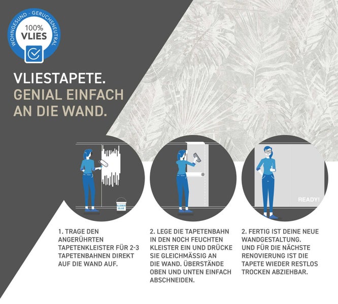 Schlafzimmer mit floraler Tapete, Bett und Zimmerpflanzen