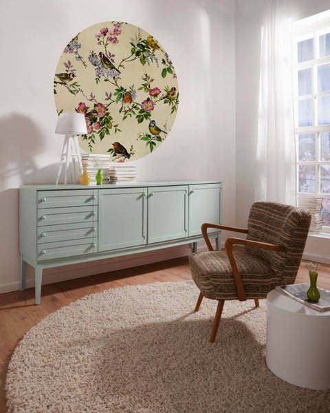 Sanders und Sanders selbstklebende runde Tapete Blumen und Vögel Beige, Grün und Rosa - Ø 125 cm - 611804