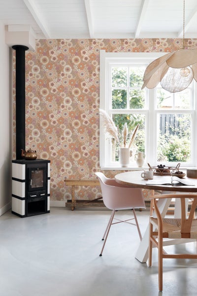 ESTAhome Tapete Retro Blumen Terrakotta, Lila und Weiß - 50 x 900 cm - 131314