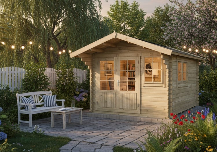 Gartenhaus aus Holz mit Bank und Beleuchtung im Garten