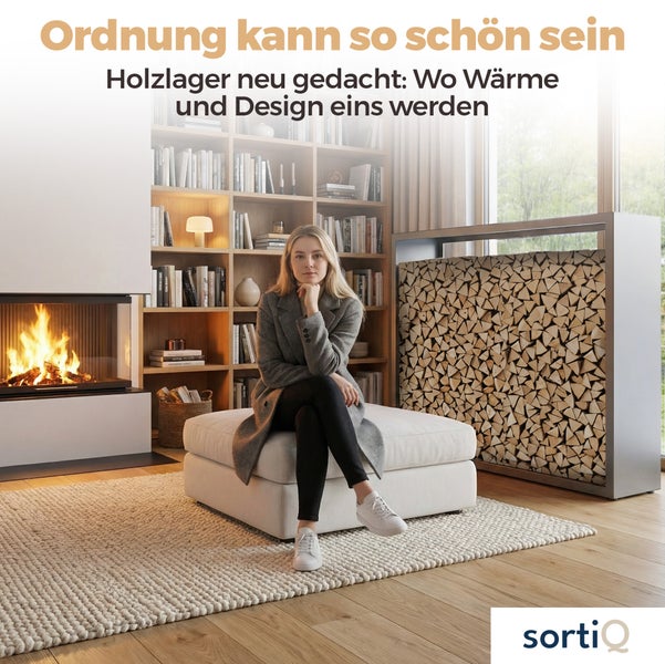 Modernes, organisiertes Wohnzimmer mit Kamin, Bücherregal, Holzlager aus Metall mit Brennholz, Frau auf Polsterhocker, sortiQ Logo.
