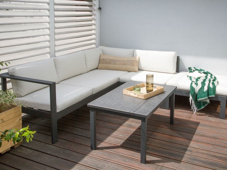 Garten Ecksofa mit Tisch 5-Sitzer MESSINA linksseitig Metall Cremeweiß
