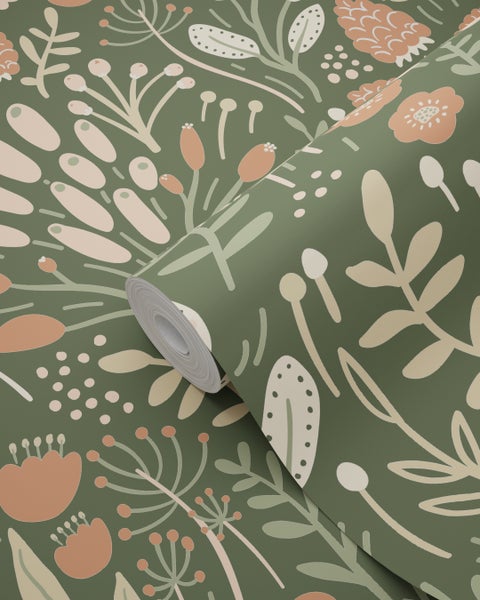 ESTAhome Tapete Blätter und Blumen Grün und Terrakotta - 50 x 900 cm - 131383
