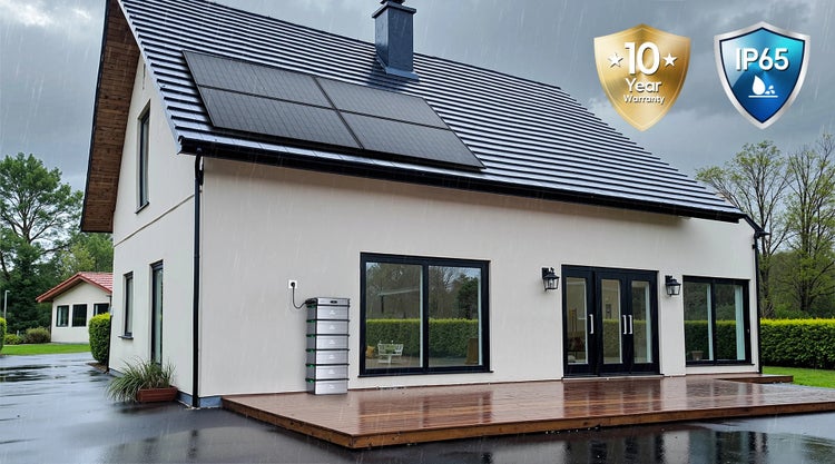Modernes Haus mit Photovoltaikanlage auf dem Dach und Batteriespeicher an der Wand bei Regen. Icons für 10 Jahre Garantie und IP65 Schutzklasse.