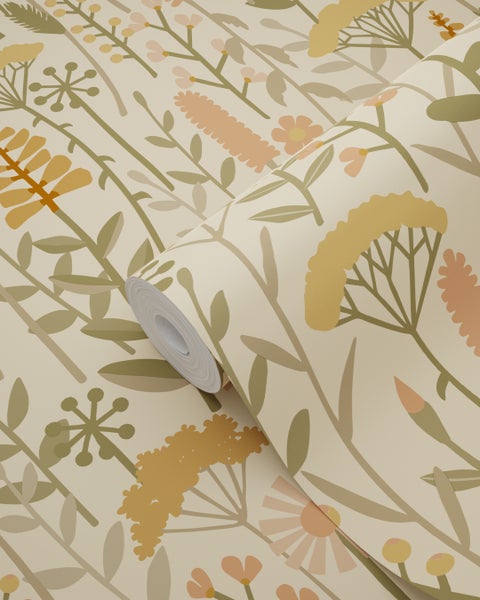ESTAhome Tapete Feldblumen Gelb, Orange und Grün - 50 x 900 cm - 131548