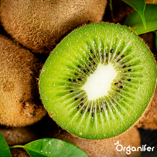 Ganze und halbierte Kiwis mit Organifer Logo.