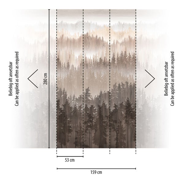 Fototapete mit Waldmotiv und Größenangaben.