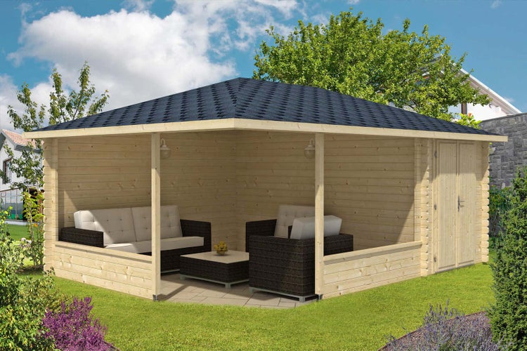 Alpholz 5-Eck Gartenlaube Maik-40 mit Anbau aus Massiv-holz, Gartenhaus mit 40 mm Wandstärke, Garten Holzhaus inklusive Montagematerial, Geräteschuppen Größe: 400 x 570 cm, Spitzdach
