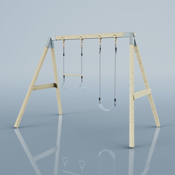 Seilzug für Matschküche aus Holz mit Kette und Metallschaufel.