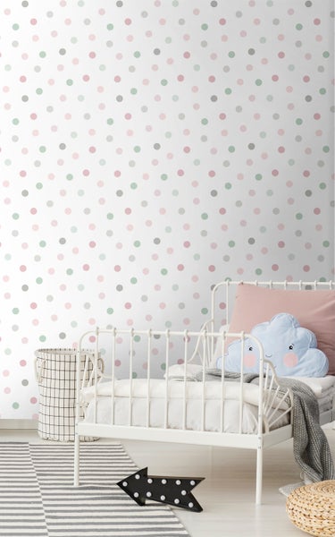 Walls4You Tapete große Punkte Grün, Rosa und Grau - 53 cm x 10.05 m - 935316