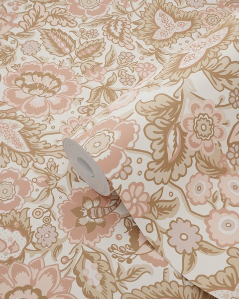 ESTAhome Tapete Blumenmuster Braun und Terrakottarosa - 50 x 900 cm - 131496