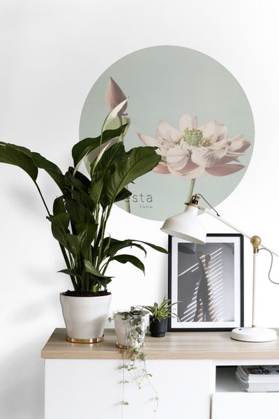 ESTAhome selbstklebende runde Tapete Lotusblume Altrosa und Graublau - Ø 70 cm - 158994