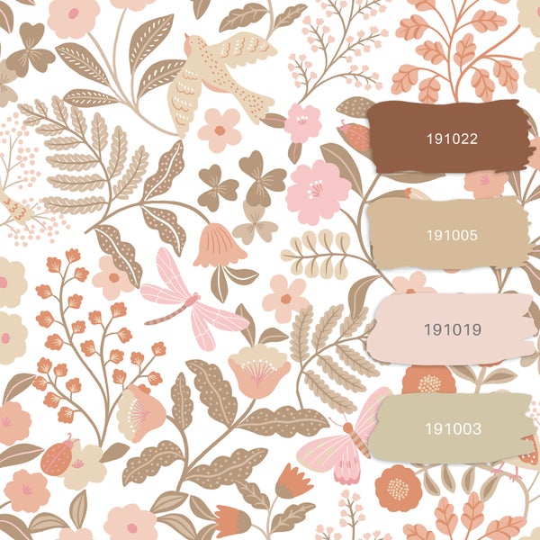 ESTAhome Tapete Blumen und Vögel Terrakotta, Taupe und Rosa - 53 cm x 10.05 m - 131391