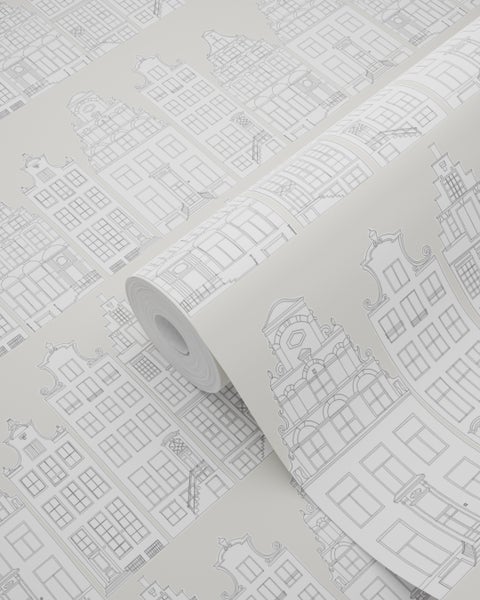 ESTAhome Tapete gezeichnete Amsterdamer Grachtenhäuser Hellgrau - 53 cm x 10.05 m - 138909