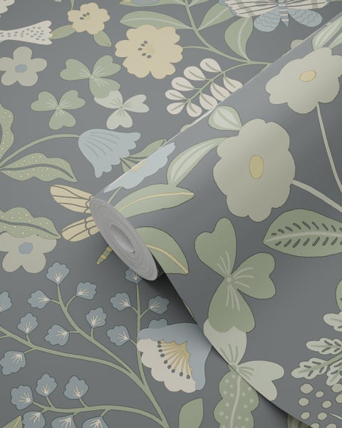 ESTAhome Tapete Blumen und Vögel Blau und Grün - 50 x 900 cm - 131464