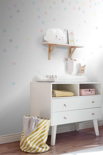 ESTAhome Fototapete Punktmuster Grau, Gelb, Lila, Hellrosa, Mintgrün, Blau und Orange - 250 x 279 cm - 158858