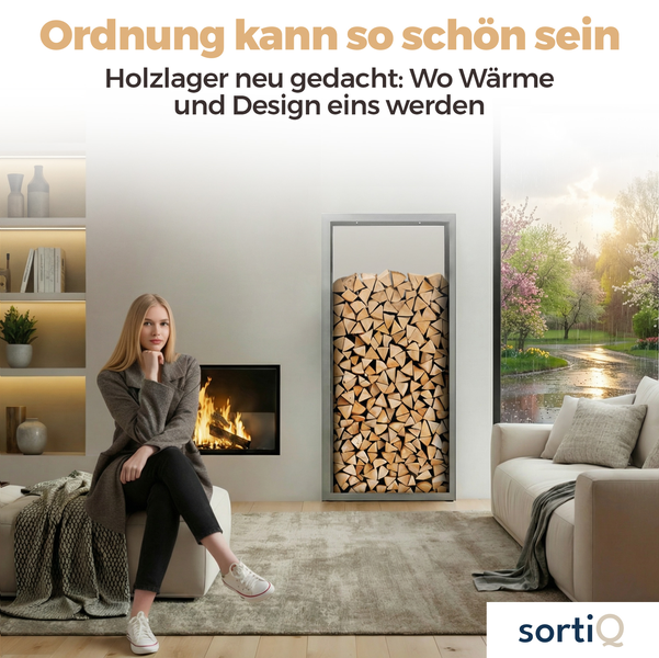 Modernes Wohnzimmer mit Kamin, hohem Metall-Brennholzregal gefüllt mit Holzscheiten, Sofa und Teppich. SortiQ Logo.