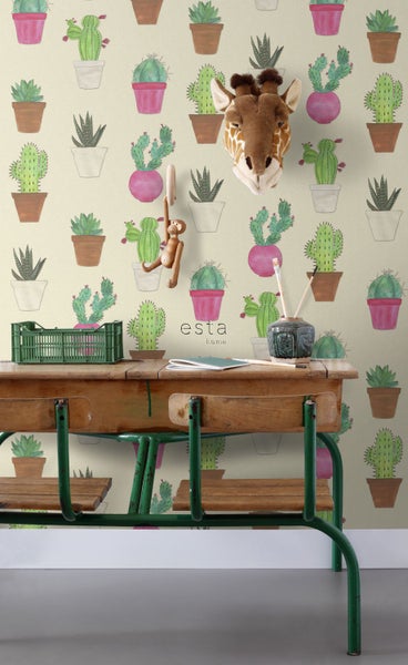ESTAhome XXL-Vliestapete Kakteen Grün, Rosa und Beige - 50 x 900 cm - 158604