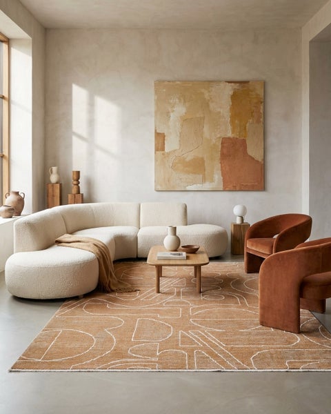 Modernes, helles Wohnzimmer mit geschwungenem Bouclé-Sofa, Samtsesseln, Holztisch und großem Teppich mit abstrakten Mustern vor einer verputzten Wand.