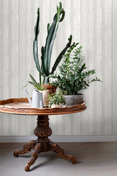 Dekorative Zimmerpflanzen auf einem Holztisch vor einer strukturierten Tapete