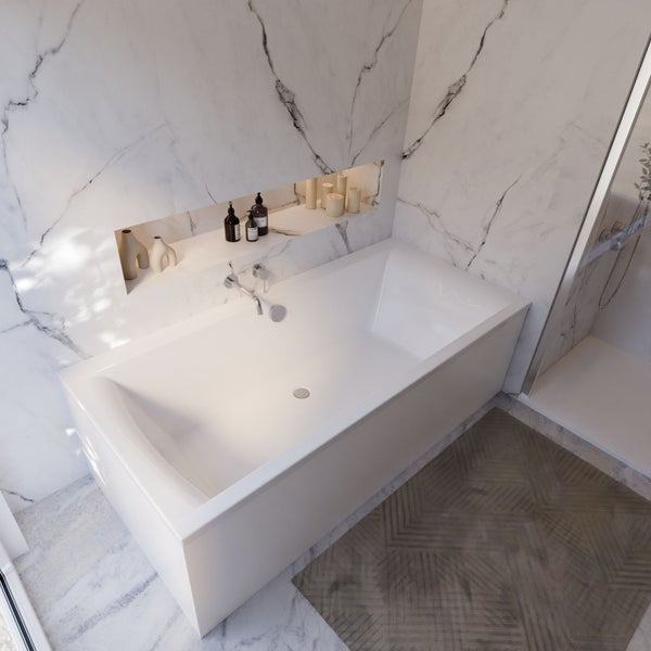 Modernes Badezimmer mit rechteckiger Badewanne, Marmorwand und Duschkabine