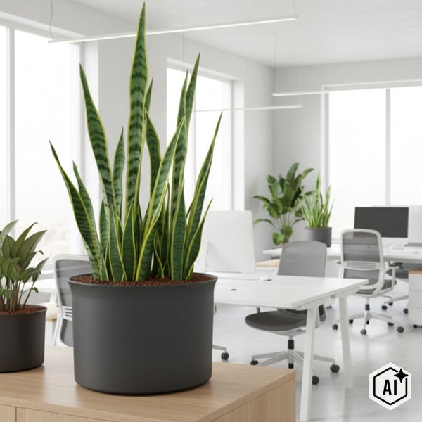 Bogenhanf Sansevieria im anthrazitfarbenen Pflanztopf auf einem Bürotisch in einem hellen, modernen Büro.