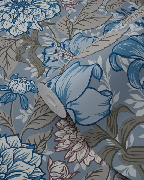 ESTAhome Tapete Blumenmuster Graublau und Grau - 53 cm x 10.05 m - 139480