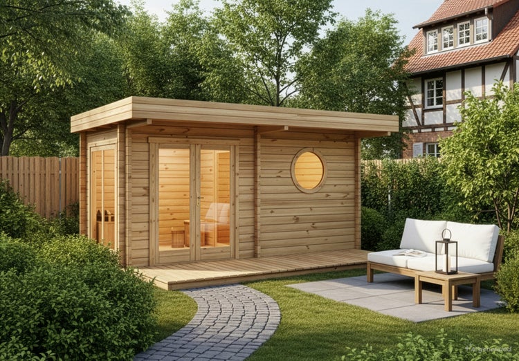 Moderne Garten-Sauna aus Holz mit Flachdach, verglaster Tür, Rundfenster und vorgelagerter Holzterrasse in einem gepflegten Garten.