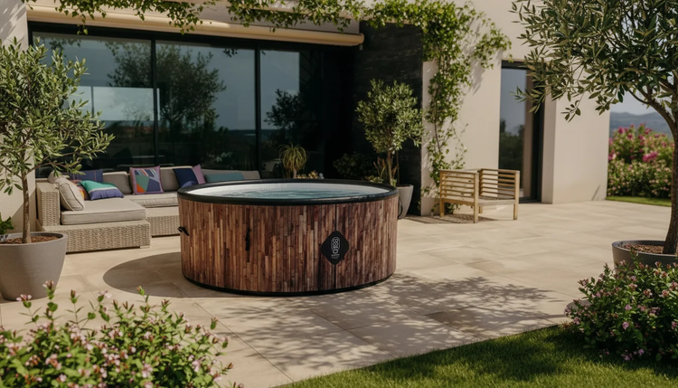 Aufblasbarer Whirlpool in Holzoptik auf einer hellen Terrasse mit Loungemöbeln und Pflanzen. Moderne Atmosphäre. COCO SPA Logo.