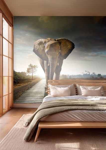 Schlafzimmer mit Fototapete mit Elefantenmotiv