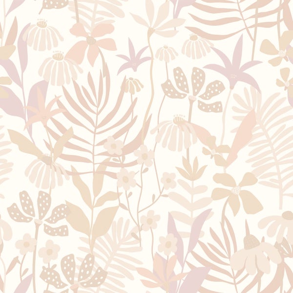 ESTAhome Tapete tropische Blätter und Blüten Beige - 50 x 900 cm - 130995