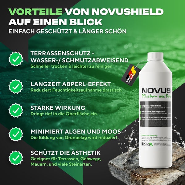 Vorteile Novushield Terrassenschutz für Pflaster und Beton: Wasserabweisend, Langzeit-Abperleffekt, beugt Algen vor, hergestellt in Deutschland.