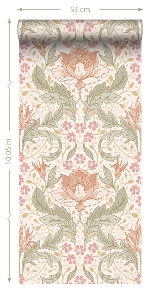 ESTAhome Tapete Blumenmuster im Jugendstil Beige, Rosa und Grün - 50 x 900 cm - 131078