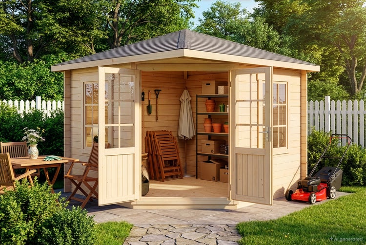 Fünfeckiges Gartenhaus aus Holz mit Doppeltür, Fenstern und Regalsystem im Innenraum, auf einer Terrasse im Garten platziert.