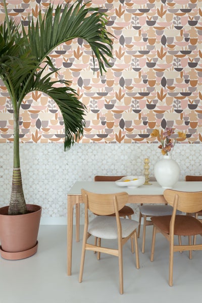 ESTAhome Tapete Keramik und Pflanzen Braun und Rosa - 50 x 900 cm - 131074