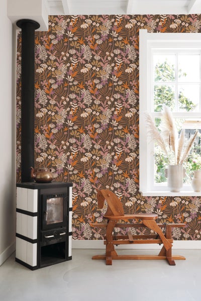 ESTAhome Tapete tropische Blätter und Blüten Braun, Lila und Mehrfarbig - 50 x 900 cm - 130998