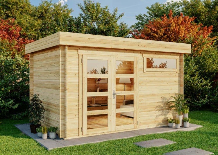 Gartenhaus Leandro-28 mit Fußboden aus Holz, Gerätehaus 394x268, 8,64 m², 28 mm Wandstärke, Holzhaus in Blockbohlen-Bauweise inkl. Fenster und Leimholztür