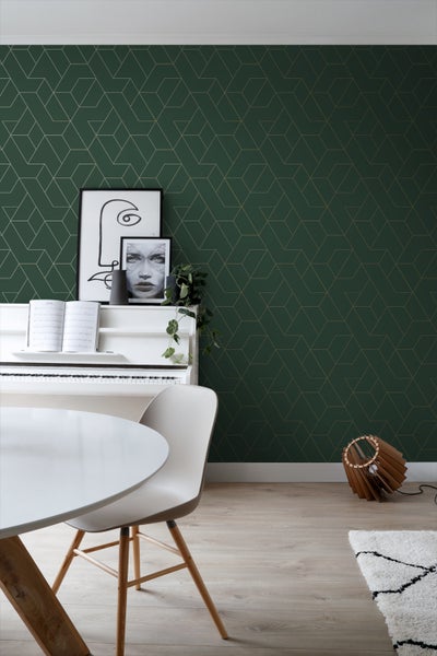 ESTAhome Tapete grafische Linien Grün und Gold - 50 x 900 cm - 139948